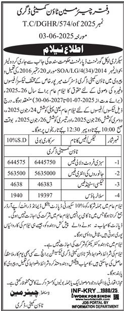 Chairman Town Market Committee Lahore Tender Notice